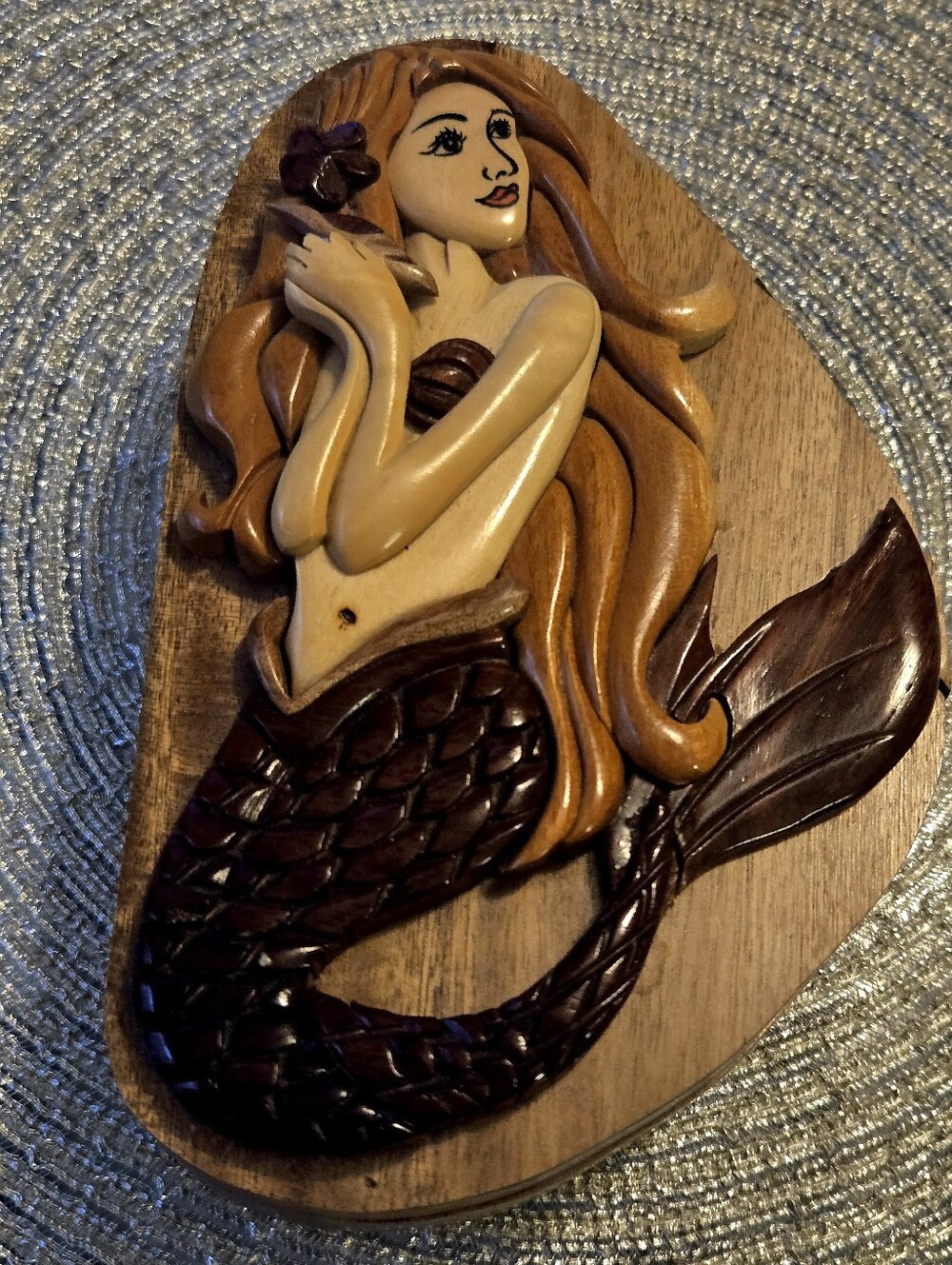 Vintage Wood Mermaid Secret Puzzle Box Hand Carved Intarsia Hidden Stash Box
